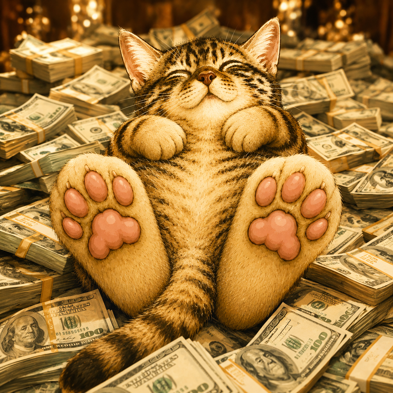 FeetCate lying blissfully on a huge pile of hundred dollar bills