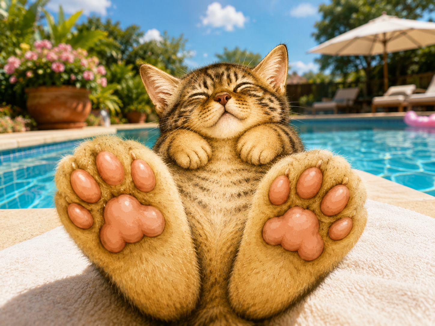FeetCate sunbathing by the pool with both paw pads facing the camera